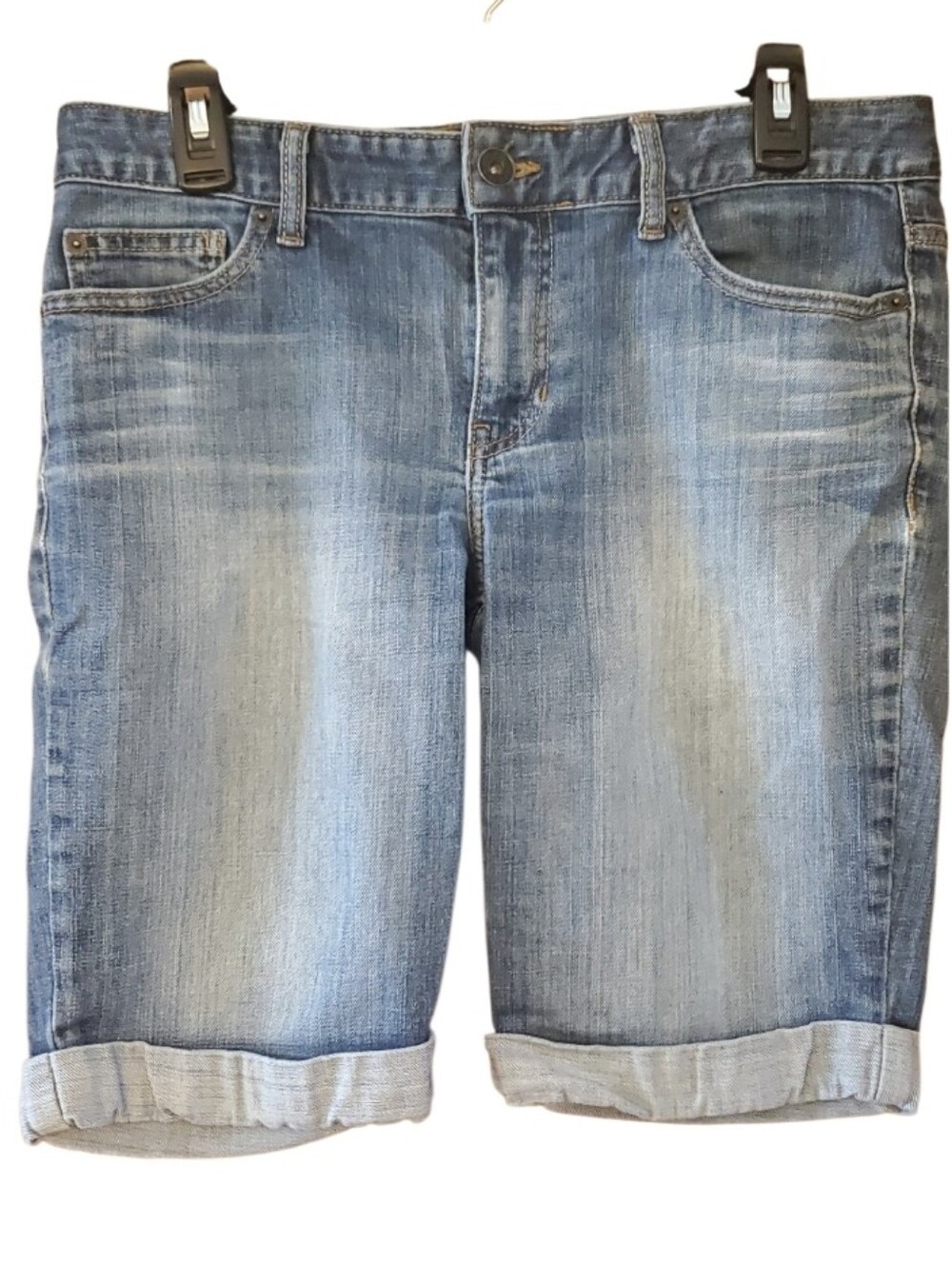 Calvin Klein Blue Denim Jean Shorts with Branded Button Rolled Cuffs Size 10